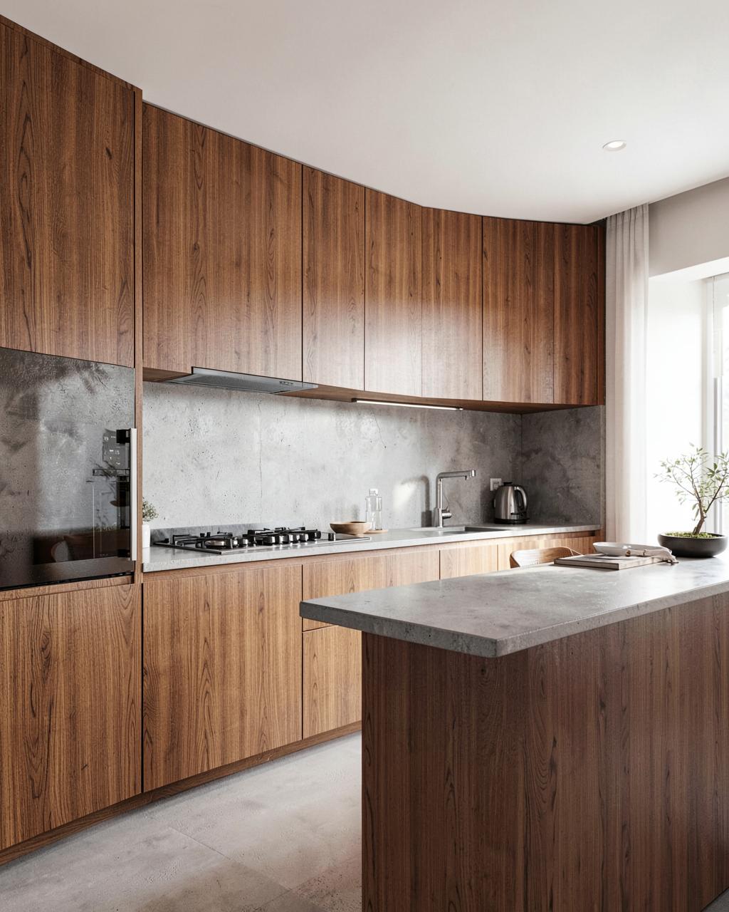 Cocina moderna con muebles de madera y encimera de hormigón