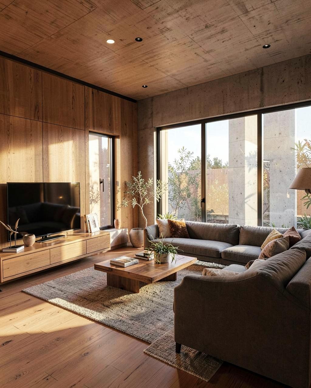 Salón renovado con madera, hormigón y grandes ventanales